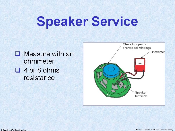 Speaker Service q Measure with an ohmmeter q 4 or 8 ohms resistance ©