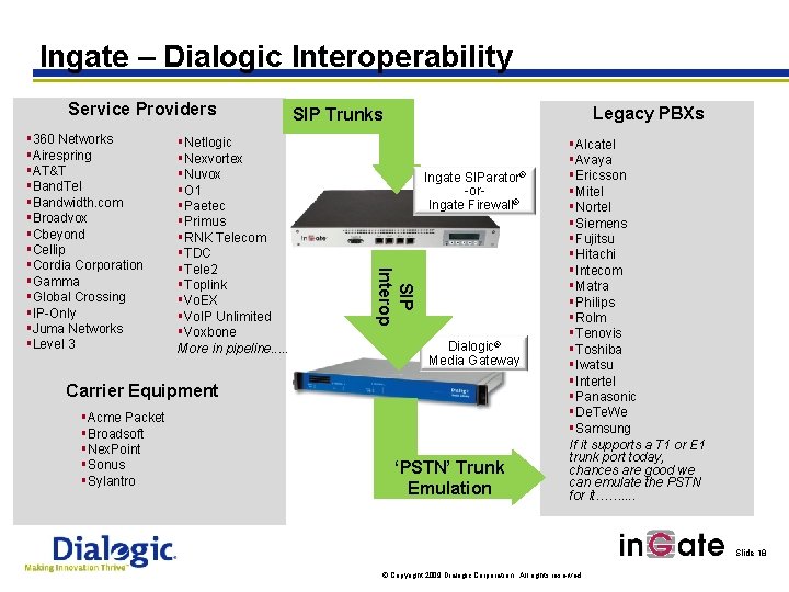 Ingate – Dialogic Interoperability Service Providers §Netlogic §Nexvortex §Nuvox §O 1 §Paetec §Primus §RNK