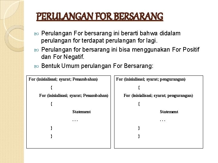 PERULANGAN FOR BERSARANG Perulangan For bersarang ini berarti bahwa didalam perulangan for terdapat perulangan PERULANGAN FOR BERSARANG Perulangan For bersarang ini berarti bahwa didalam perulangan for terdapat perulangan