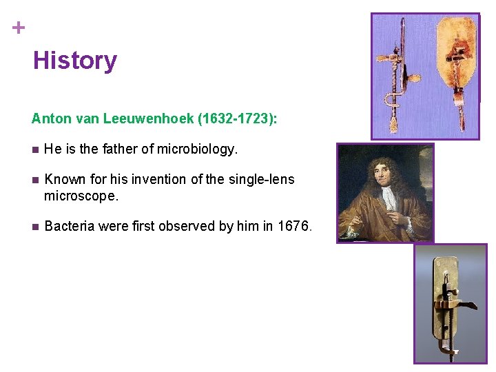 + History Anton van Leeuwenhoek (1632 -1723): n He is the father of microbiology.