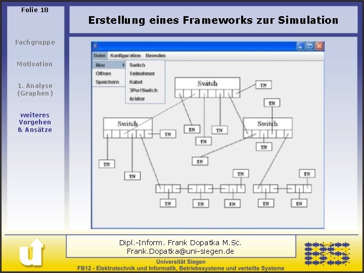 Folie 18 Erstellung eines Frameworks zur Simulation Fachgruppe Motivation 1. Analyse (Graphen) weiteres Vorgehen