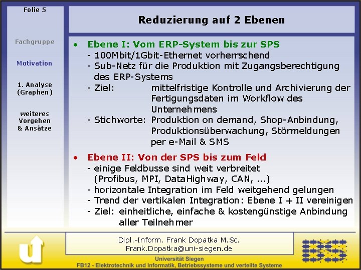 Folie 5 Reduzierung auf 2 Ebenen Fachgruppe Motivation 1. Analyse (Graphen) weiteres Vorgehen &