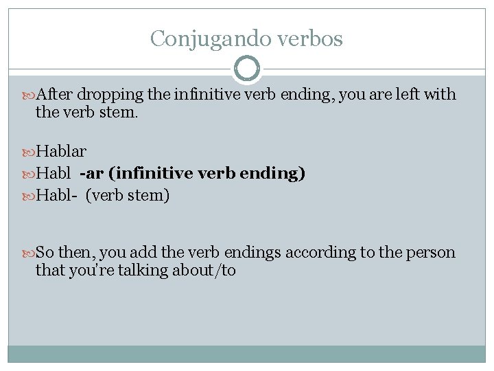 Conjugando verbos After dropping the infinitive verb ending, you are left with the verb