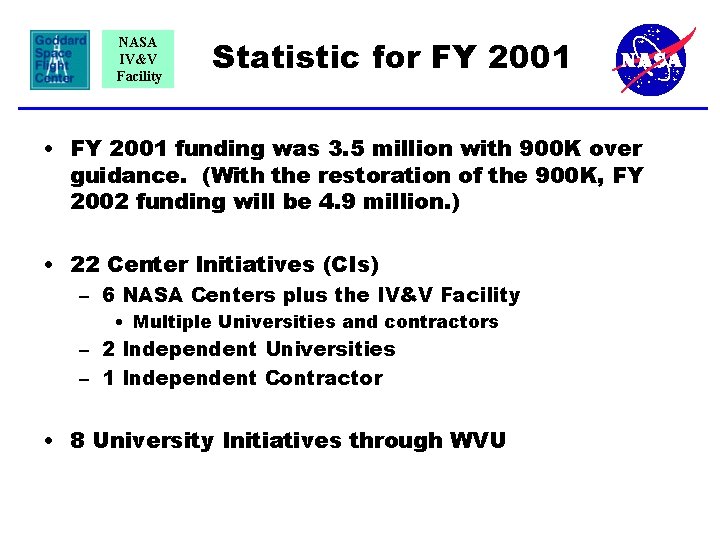 NASA IV&V Facility Statistic for FY 2001 • FY 2001 funding was 3. 5