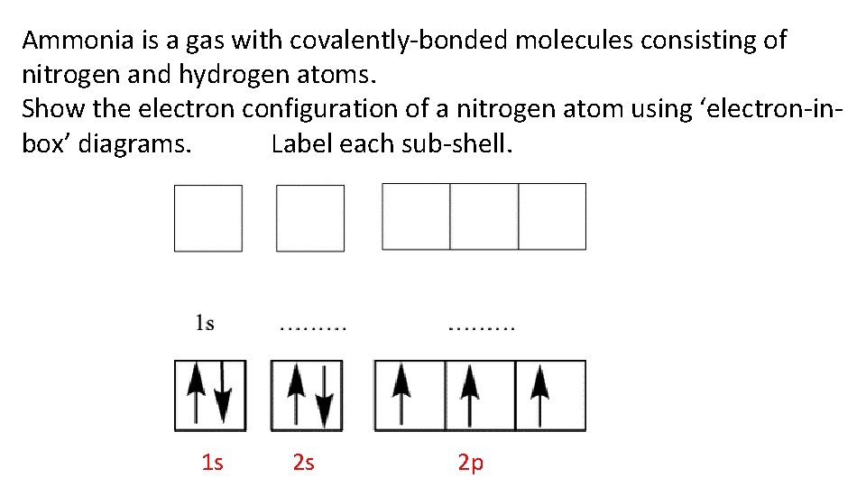 Ammonia is a gas with covalently-bonded molecules consisting of nitrogen and hydrogen atoms. Show