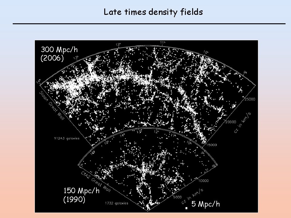 Late times density fields 300 Mpc/h (2006) 150 Mpc/h (1990) 5 Mpc/h 