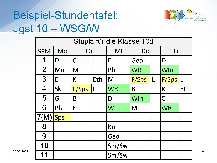 Beispiel-Stundentafel: Jgst 10 – WSG/W 20. 02. 2021 9 