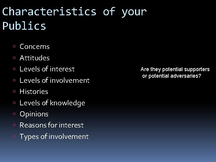 Characteristics of your Publics Concerns Attitudes Levels of interest Levels of involvement Histories Levels