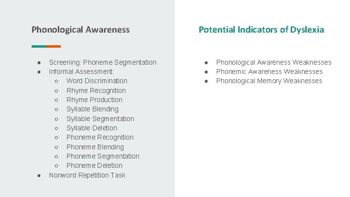 Phonological Awareness ● ● ● Screening: Phoneme Segmentation Informal Assessment: ○ Word Discrimination ○