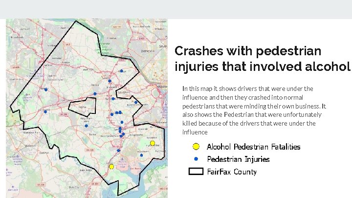 Crashes with pedestrian injuries that involved alcohol In this map it shows drivers that