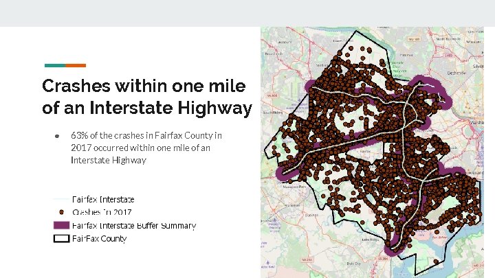 Crashes within one mile of an Interstate Highway ● 63% of the crashes in