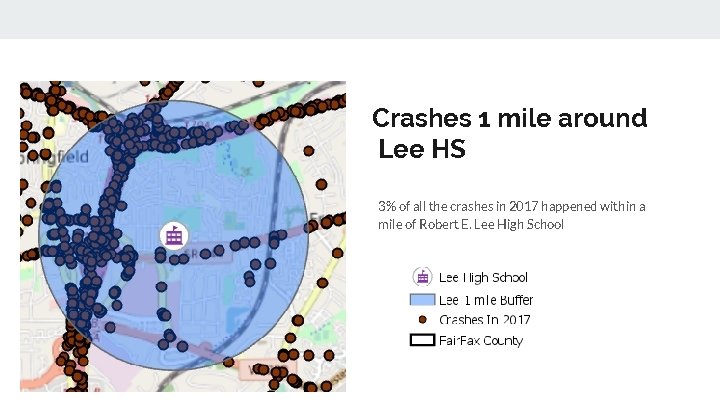 Crashes 1 mile around Lee HS 3% of all the crashes in 2017 happened