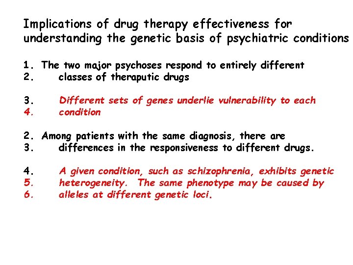 Implications of drug therapy effectiveness for understanding the genetic basis of psychiatric conditions 1.