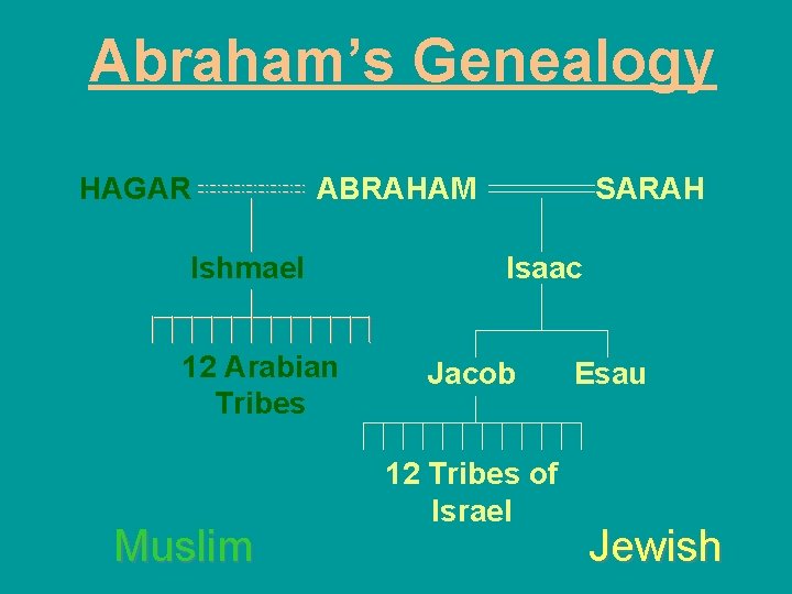 Abraham’s Genealogy HAGAR ABRAHAM Ishmael 12 Arabian Tribes Muslim SARAH Isaac Jacob 12 Tribes