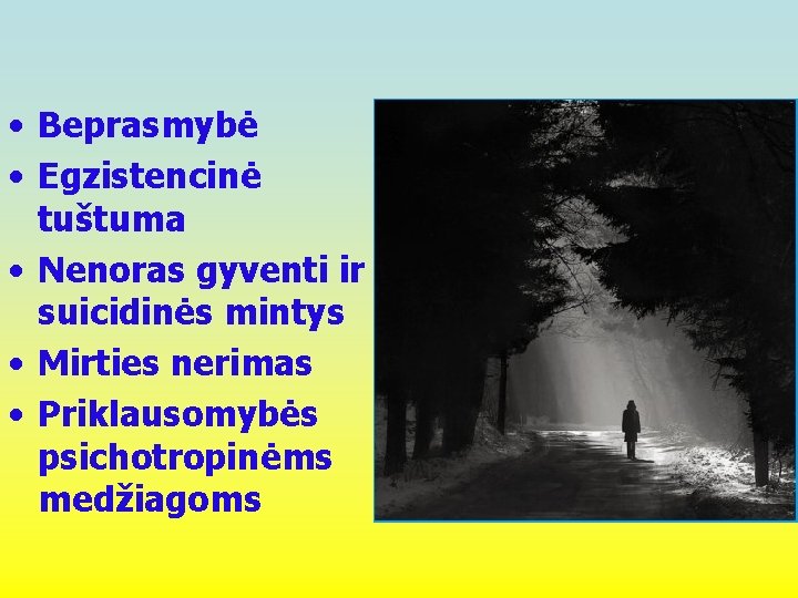  • Beprasmybė • Egzistencinė tuštuma • Nenoras gyventi ir suicidinės mintys • Mirties