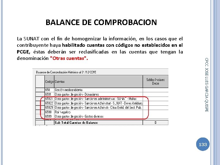 BALANCE DE COMPROBACION CPCC JOSE LUIS GARCIA QUISPE La SUNAT con el fin de