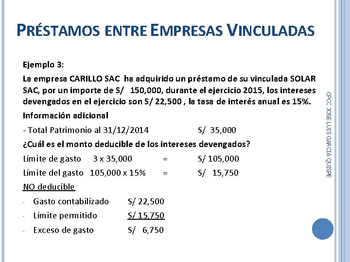 PRÉSTAMOS ENTRE EMPRESAS VINCULADAS Ejemplo 3: - Total Patrimonio al 31/12/2014 S/ 35, 000