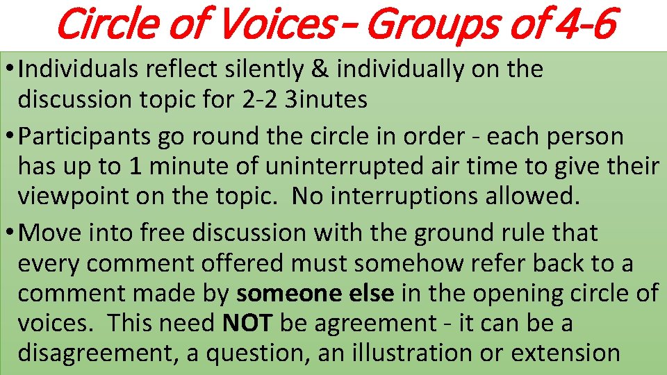 Circle of Voices – Groups of 4 -6 • Individuals reflect silently & individually