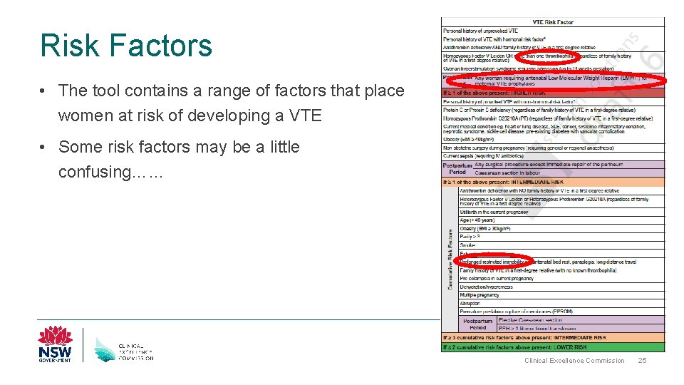Risk Factors • The tool contains a range of factors that place women at