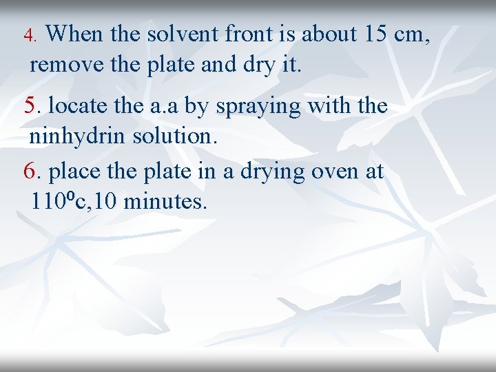 When the solvent front is about 15 cm, remove the plate and dry it.