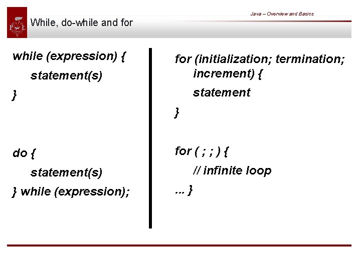 Java – Overview and Basics While, do-while and for while (expression) { statement(s) for