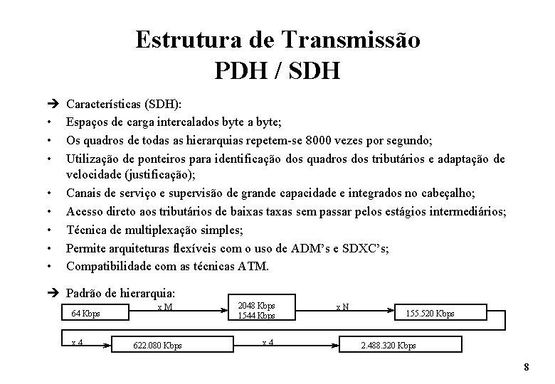 Estrutura de Transmissão PDH / SDH è • • Características (SDH): Espaços de carga