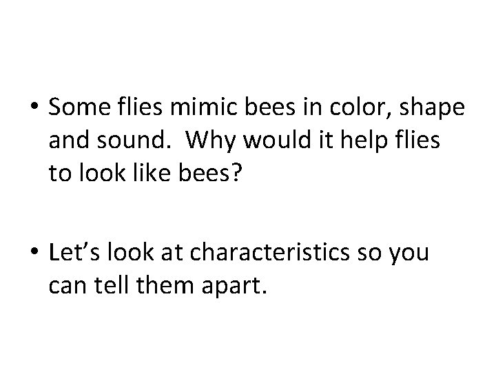  • Some flies mimic bees in color, shape and sound. Why would it