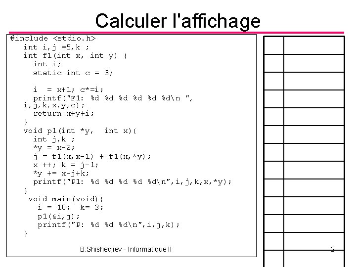 Calculer l'affichage #include <stdio. h> int i, j =5, k ; int f 1(int