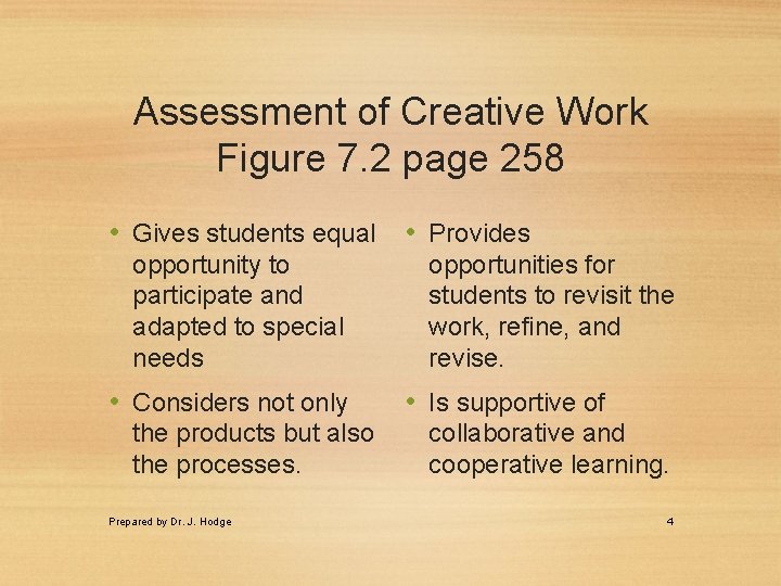 Assessment of Creative Work Figure 7. 2 page 258 • Gives students equal •
