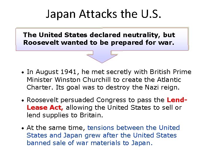 Japan Attacks the U. S. The United States declared neutrality, but Roosevelt wanted to