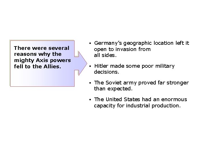 There were several reasons why the mighty Axis powers fell to the Allies. •