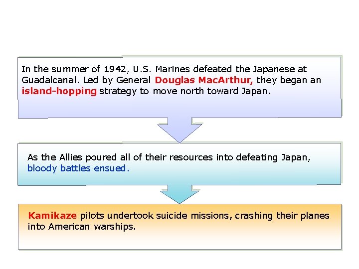 In the summer of 1942, U. S. Marines defeated the Japanese at Guadalcanal. Led