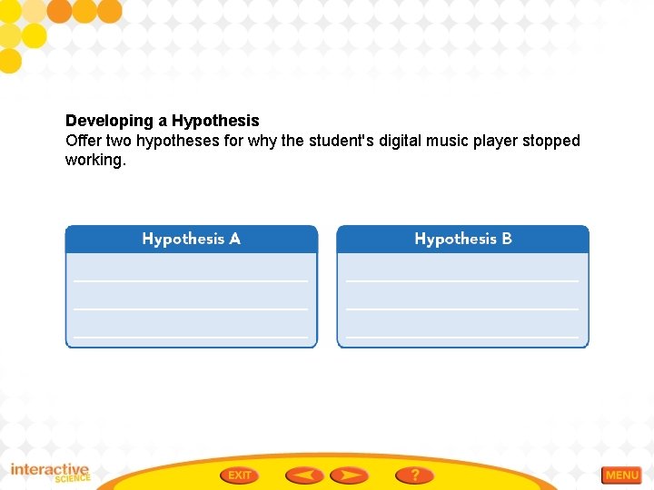 Developing a Hypothesis Offer two hypotheses for why the student's digital music player stopped