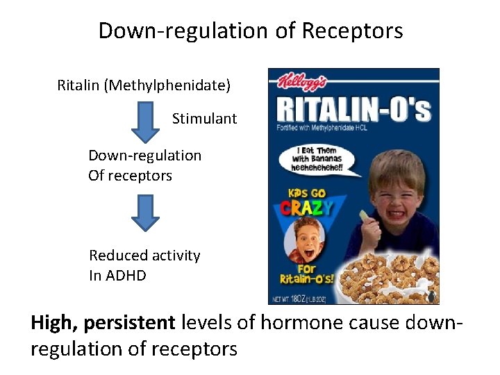 Down-regulation of Receptors Ritalin (Methylphenidate) Stimulant Down-regulation Of receptors Reduced activity In ADHD High,