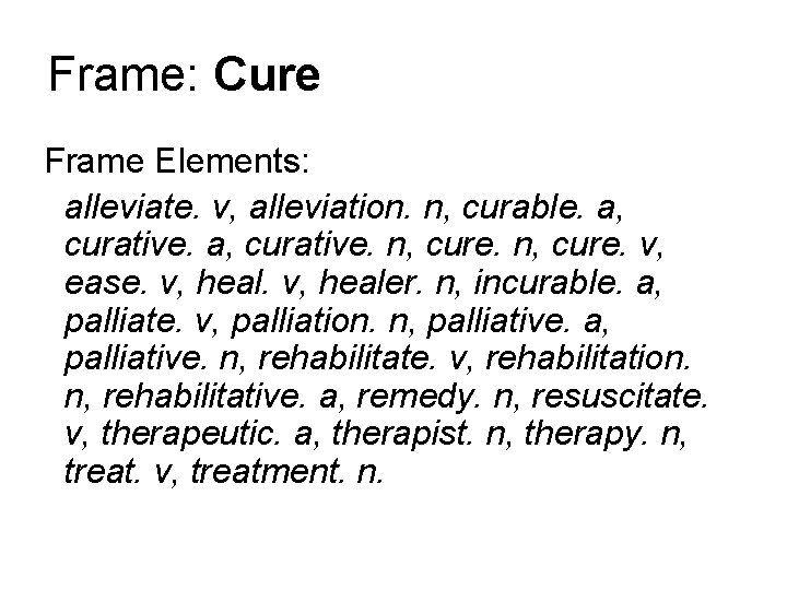 Frame: Cure Frame Elements: alleviate. v, alleviation. n, curable. a, curative. n, cure. v,