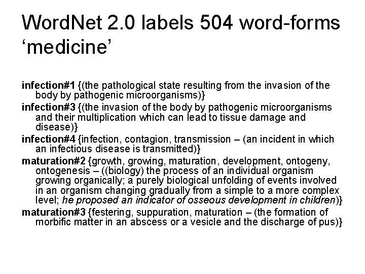 Word. Net 2. 0 labels 504 word-forms ‘medicine’ infection#1 {(the pathological state resulting from