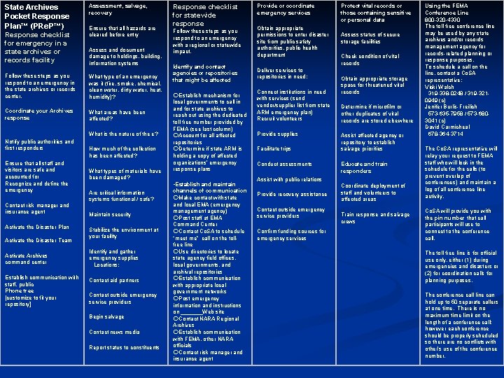 State Archives Pocket Response Plan™ (PRe. P™) Response checklist for emergency in a state