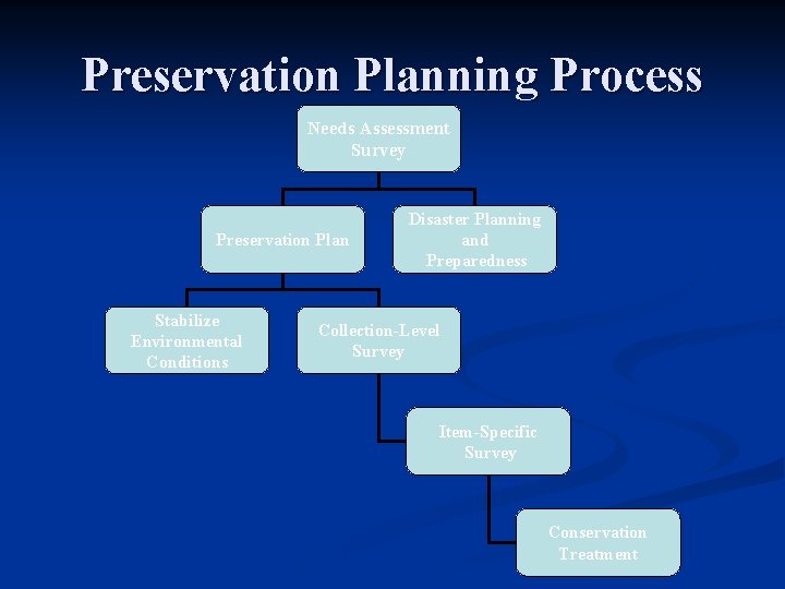 Preservation Planning Process Needs Assessment Survey Preservation Plan Stabilize Environmental Conditions Disaster Planning and