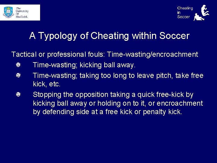 A Typology of Cheating within Soccer Tactical or professional fouls: Time-wasting/encroachment Time-wasting; kicking ball