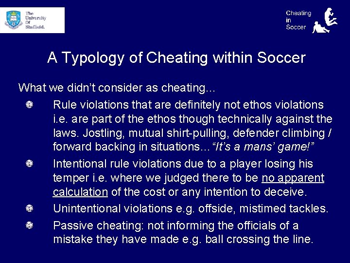 A Typology of Cheating within Soccer What we didn’t consider as cheating… Rule violations
