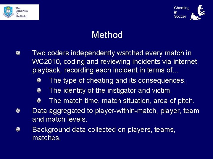 Method Two coders independently watched every match in WC 2010, coding and reviewing incidents