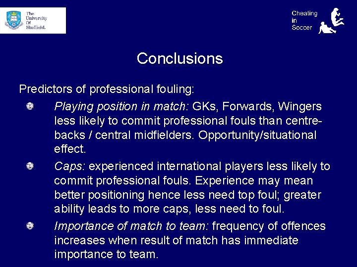 Conclusions Predictors of professional fouling: Playing position in match: GKs, Forwards, Wingers less likely
