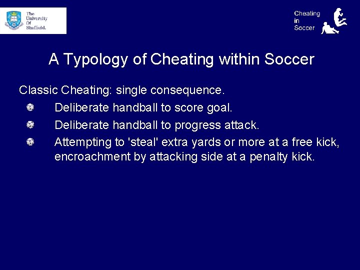 A Typology of Cheating within Soccer Classic Cheating: single consequence. Deliberate handball to score