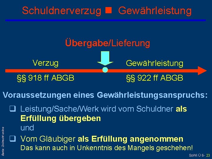 Schuldnerverzug Gewährleistung Übergabe/Lieferung Verzug Gewährleistung §§ 918 ff ABGB §§ 922 ff ABGB Barta: