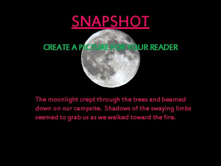 SNAPSHOT CREATE A PICTURE FOR YOUR READER The moonlight crept through the trees and