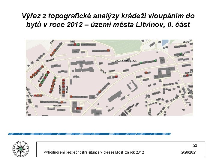 Výřez z topografické analýzy krádeží vloupáním do bytů v roce 2012 – území města