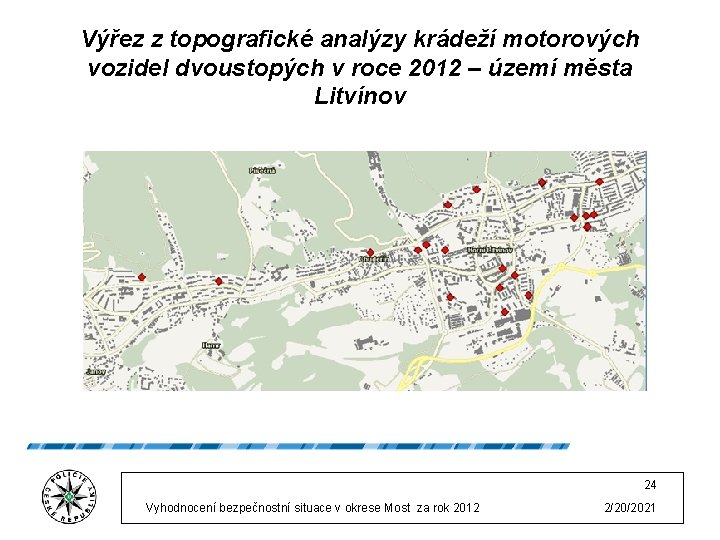 Výřez z topografické analýzy krádeží motorových vozidel dvoustopých v roce 2012 – území města