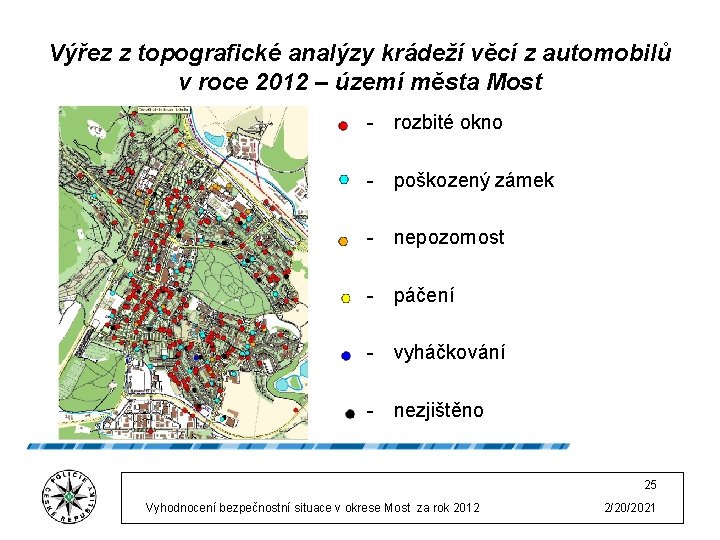 Výřez z topografické analýzy krádeží věcí z automobilů v roce 2012 – území města
