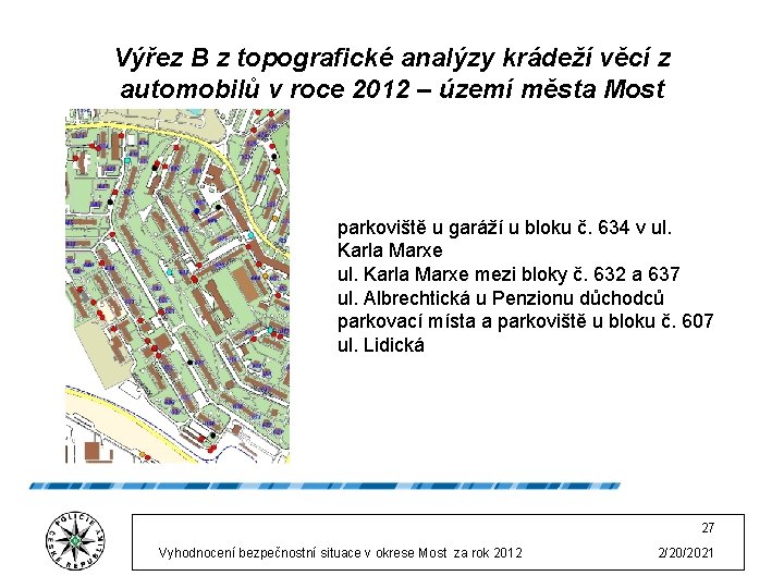 Výřez B z topografické analýzy krádeží věcí z automobilů v roce 2012 – území