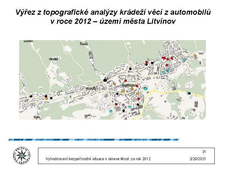 Výřez z topografické analýzy krádeží věcí z automobilů v roce 2012 – území města
